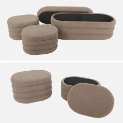 Banc coffre en bouclettes taupe avec 2 poufs ovales de rangement intégrés - L111cm