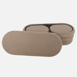 Banc coffre en bouclettes taupe avec 2 poufs ovales de rangement intégrés - L111cm