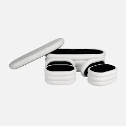 Banc coffre en bouclettes blanches avec 2 poufs ovales de rangement intégrés - L111cm