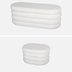 Banc coffre en bouclettes blanches avec 2 poufs ovales de rangement intégrés - L111cm