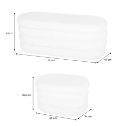 Banc coffre en bouclettes blanches avec 2 poufs ovales de rangement intégrés - L111cm