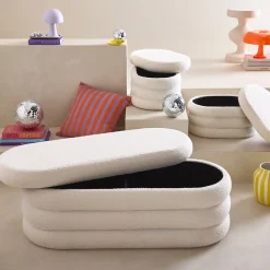 Banc coffre en bouclettes blanches avec 2 poufs ovales de rangement intégrés - L111cm