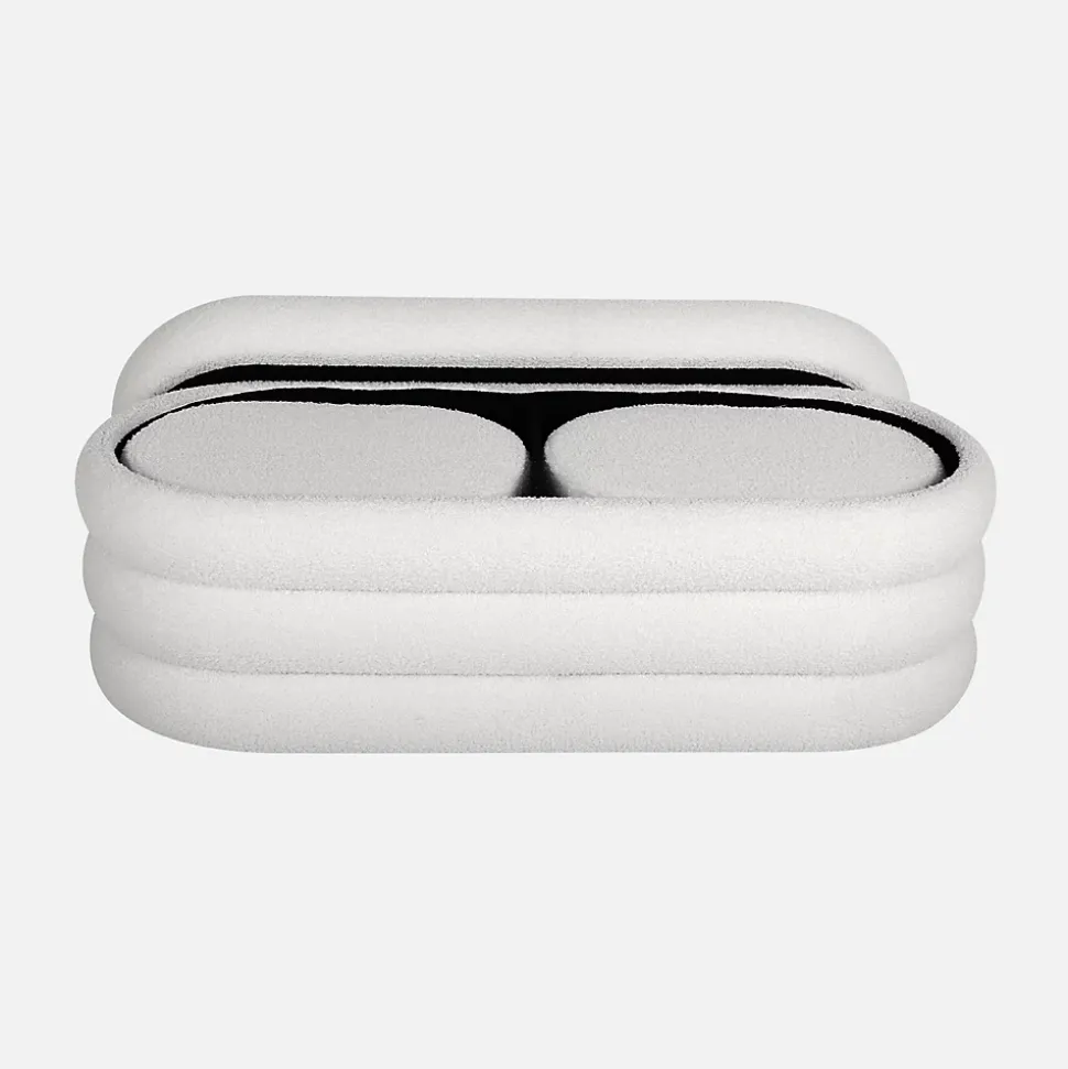 Banc coffre en bouclettes blanches avec 2 poufs ovales de rangement intégrés - L111cm