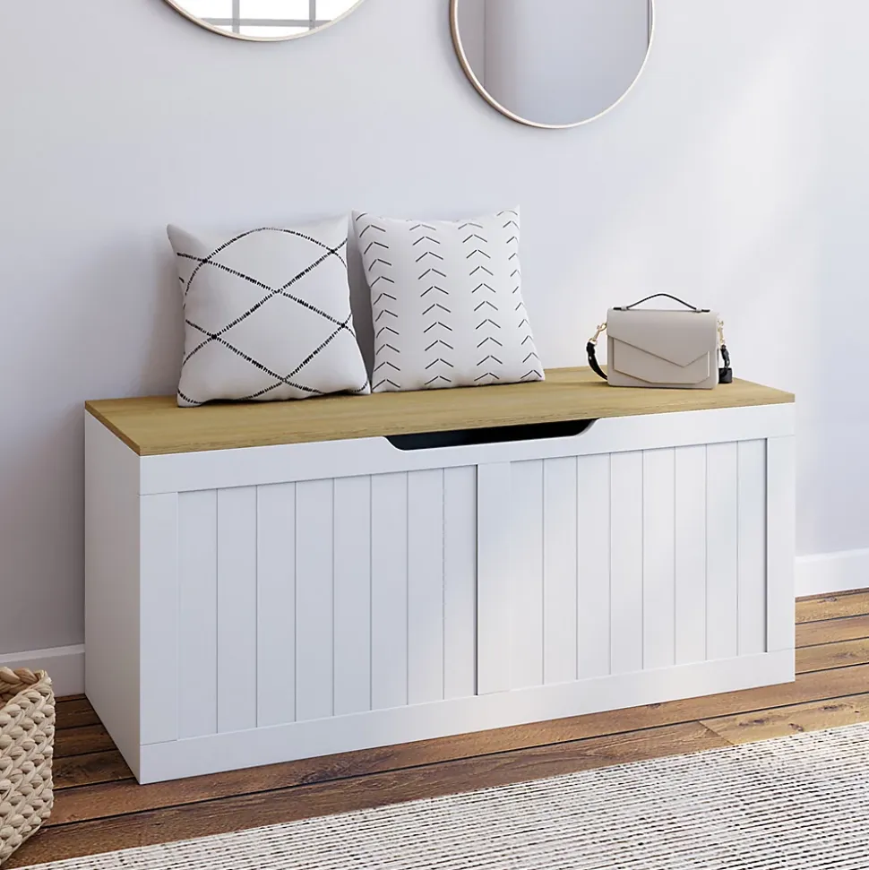 Banc coffre rangement 100 cm LEON bois et blanc