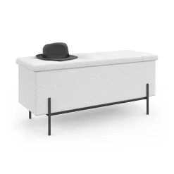 Banc coffre rangement LOUIS pieds métal noir 100 cm tissu bouclette blanc