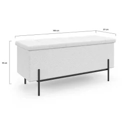 Banc coffre rangement LOUIS pieds métal noir 100 cm tissu bouclette blanc