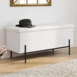 Banc coffre rangement LOUIS pieds métal noir 100 cm tissu bouclette blanc