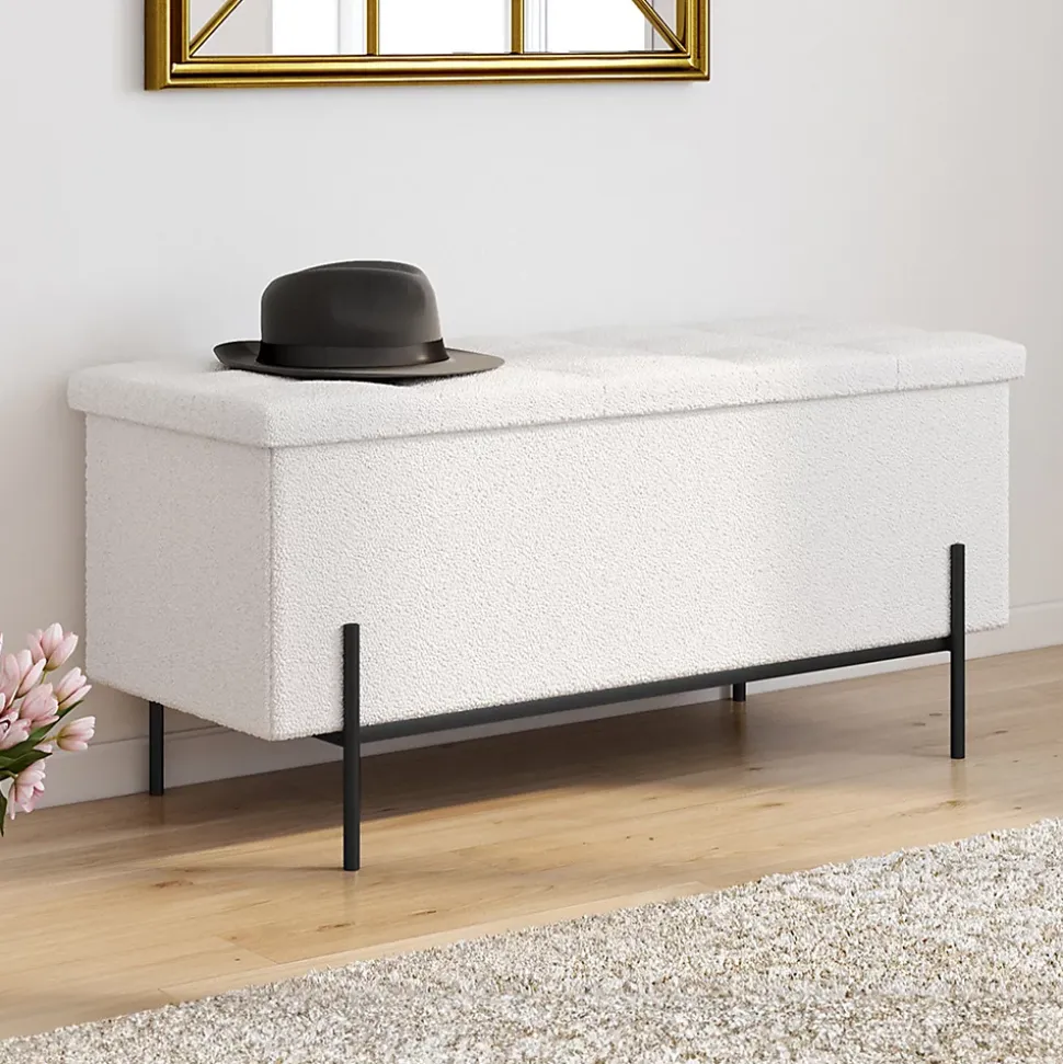 Banc coffre rangement LOUIS pieds métal noir 100 cm tissu bouclette blanc
