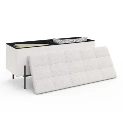 Banc coffre rangement LOUIS pieds métal noir 100 cm tissu bouclette blanc