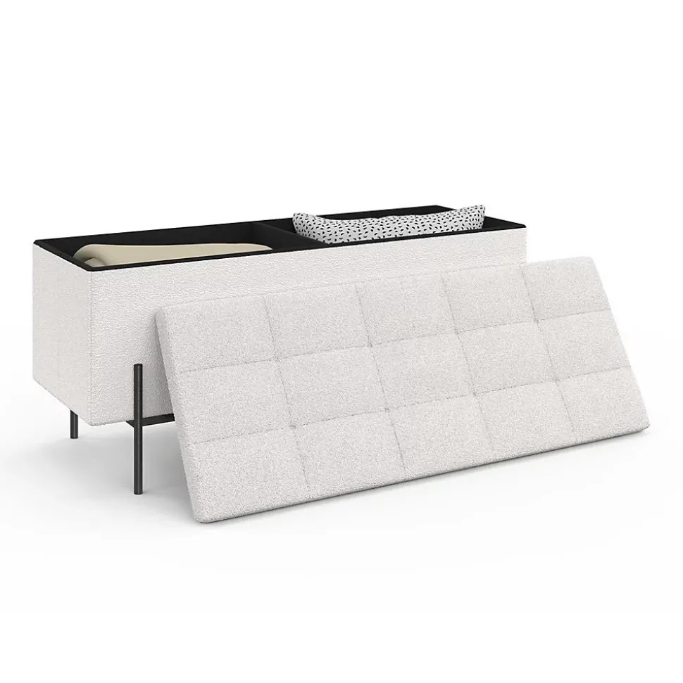 Banc coffre rangement LOUIS pieds métal noir 100 cm tissu bouclette blanc