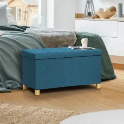 Banc coffre rangement sur pieds 76 cm tissu bleu canard