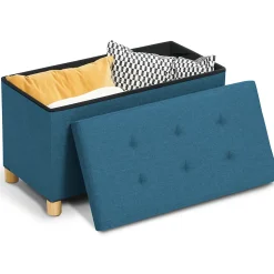 Banc coffre rangement sur pieds 76 cm tissu bleu canard
