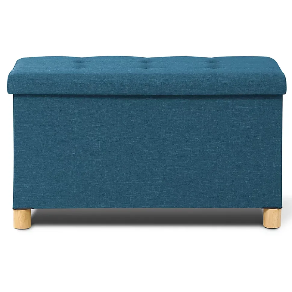 Banc coffre rangement sur pieds 76 cm tissu bleu canard