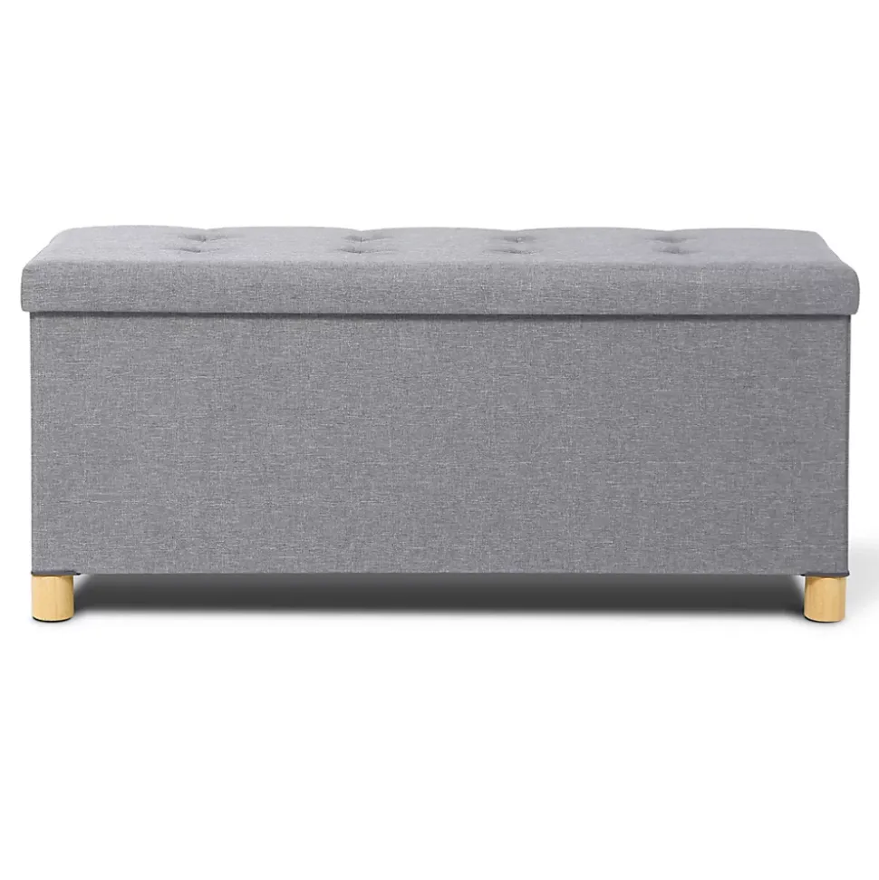 Banc coffre rangement sur pied 100 cm tissu gris clair