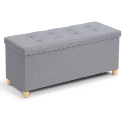 Banc coffre rangement sur pied 100 cm tissu gris clair