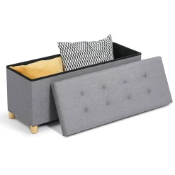 Banc coffre rangement sur pied 100 cm tissu gris clair