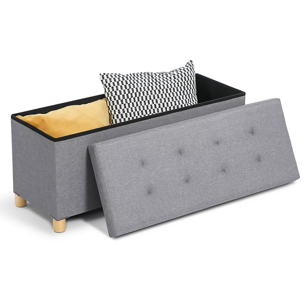 Banc coffre rangement sur pied 100 cm tissu gris clair