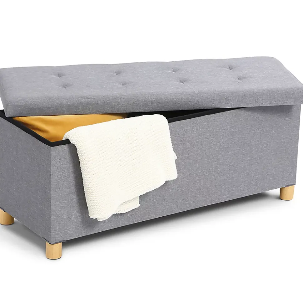 Banc coffre rangement sur pied 100 cm tissu gris clair