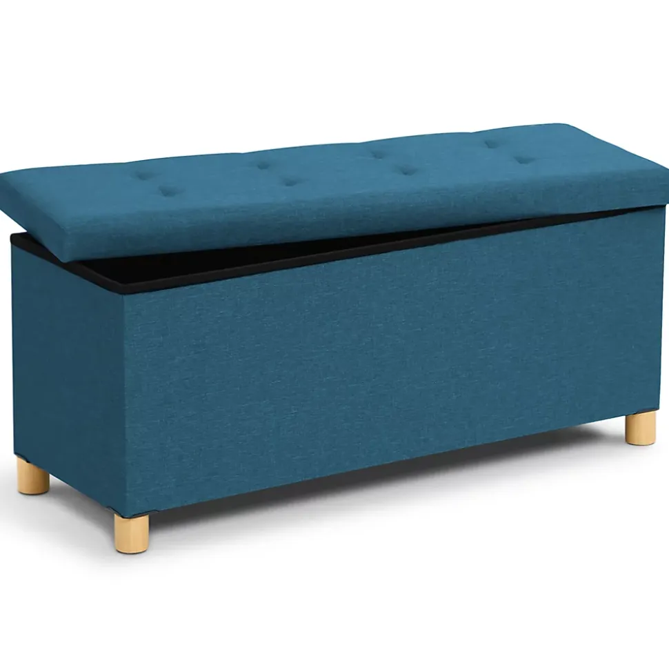 Banc coffre rangement sur pied 100 cm tissu bleu canard