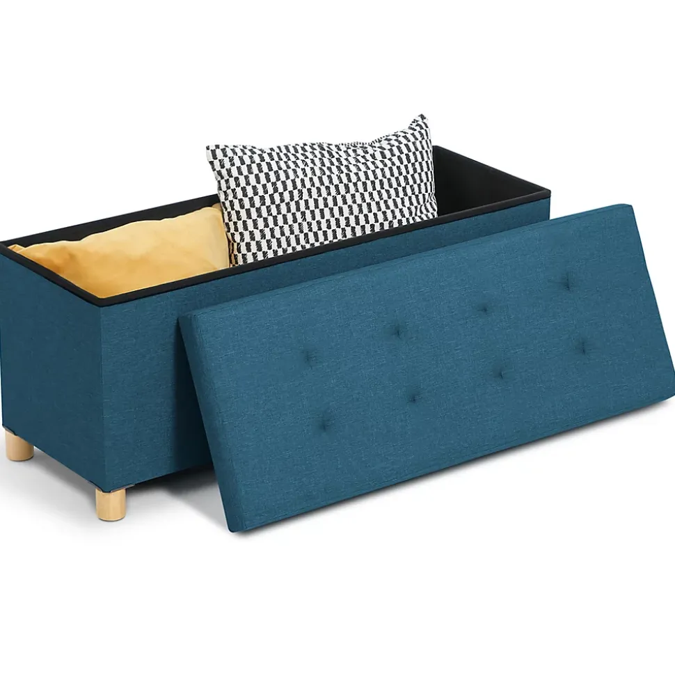 Banc coffre rangement sur pied 100 cm tissu bleu canard