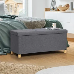 Banc coffre rangement sur pied 100 cm tissu gris anthracite