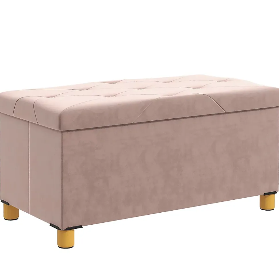Banc coffre style Chesterfield effet capitonné dim. 76L x 38l x 38H cm piètement bois velours vieux rose