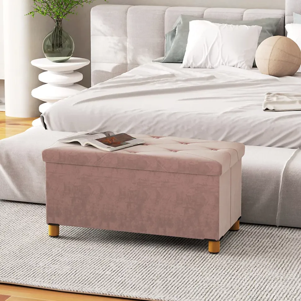 Banc coffre style Chesterfield effet capitonné dim. 76L x 38l x 38H cm piètement bois velours vieux rose