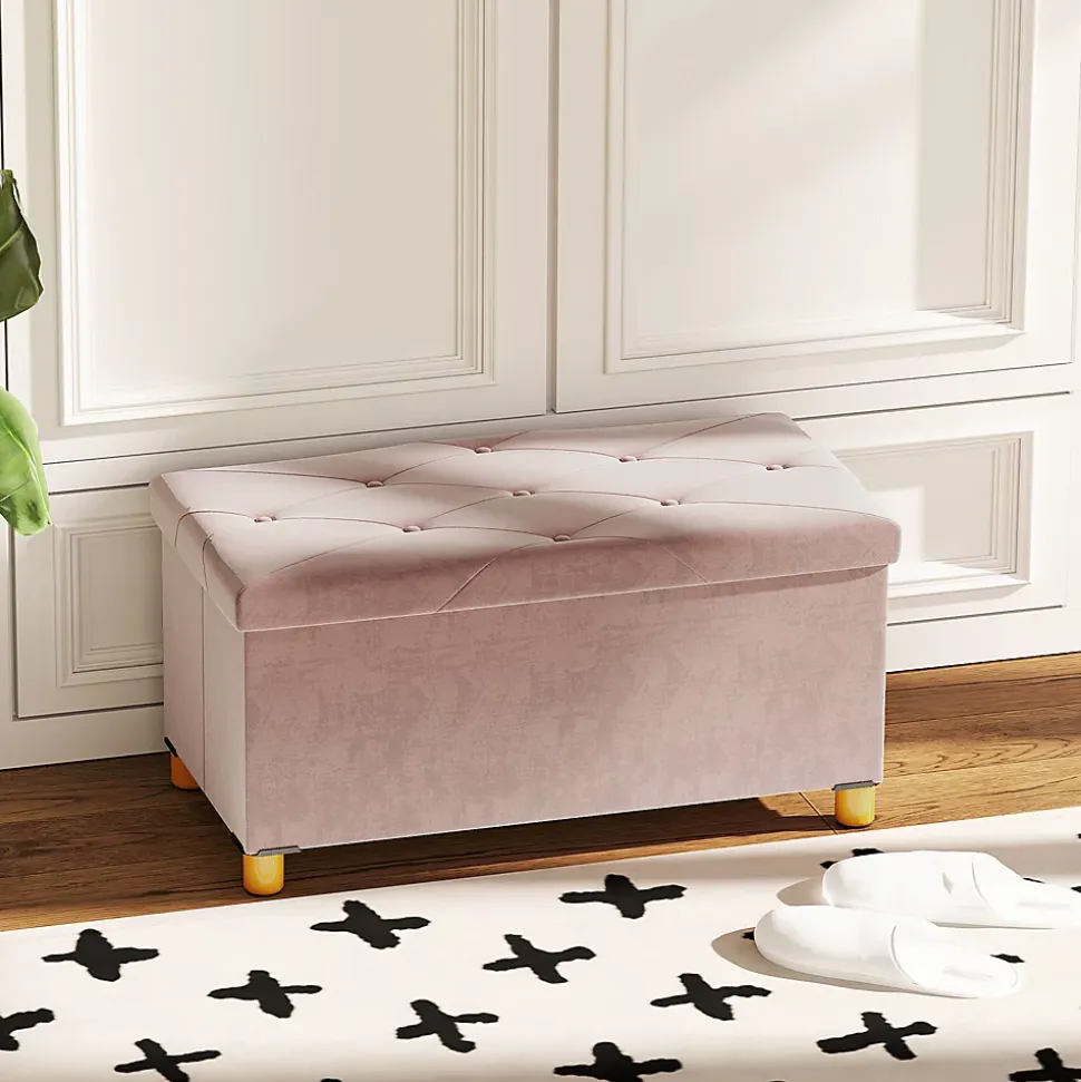 Banc coffre style Chesterfield effet capitonné dim. 76L x 38l x 38H cm piètement bois velours vieux rose