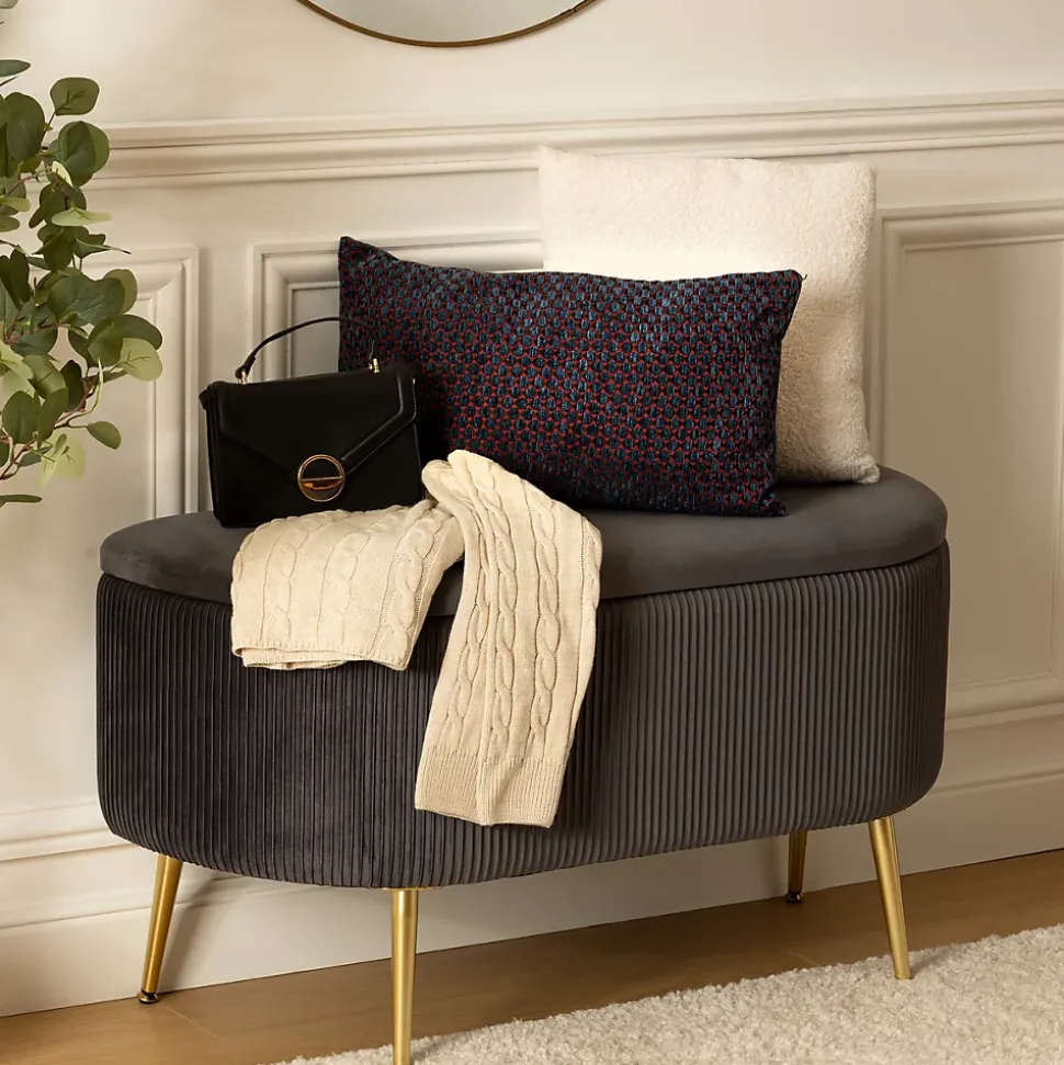 Banc coffre velours Solaro gris 100x40cm - Atmosphera