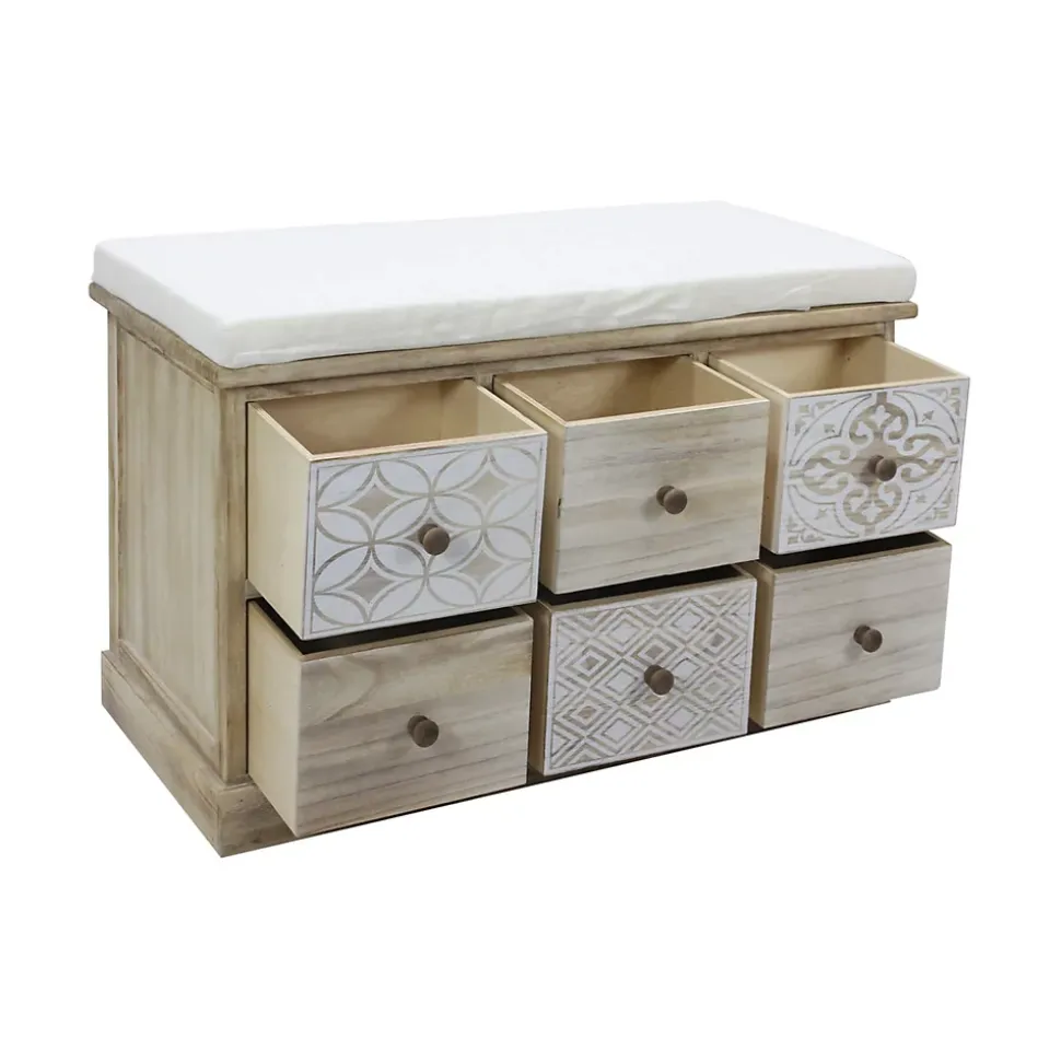 Banc Commode Beige 6 Tiroirs Assise Rembourrée 49x77,5x35