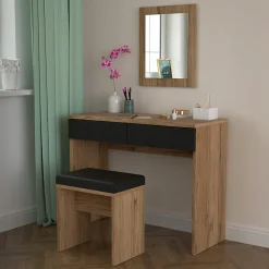 Banc décor bois clair rembourrage tissu gris - ANASTASIA