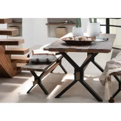 Banc de ferme industriel en bois et pieds croisés métal L180 - MARIE