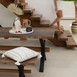 Banc de ferme industriel en bois et pieds croisés métal L180 - MARIE
