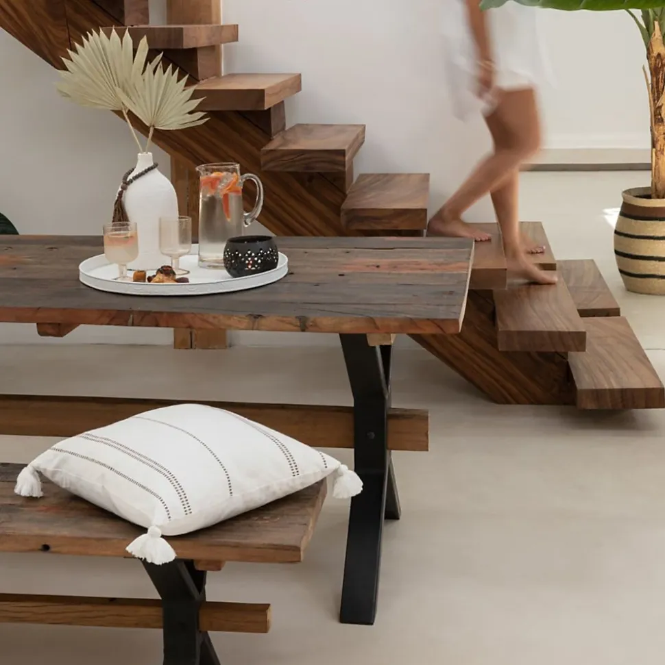Banc de ferme industriel en bois et pieds croisés métal L180 - MARIE