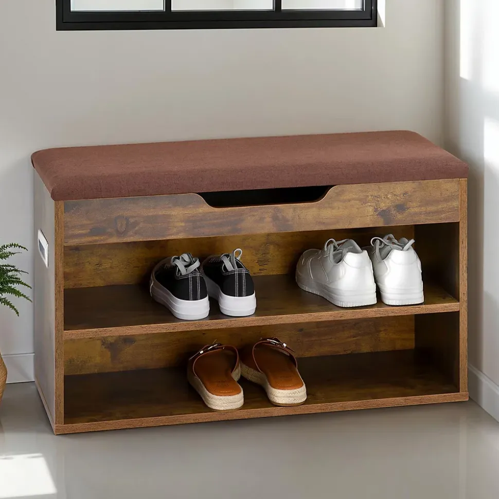 Banc de rangement à chaussures ISAAC avec coffre, en bois - Coloris old style et brun