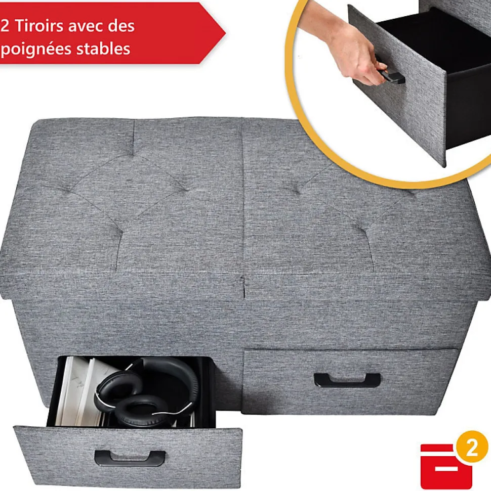 Banc de Rangement avec coffre et tiroirs 2 places 77x40x38cm