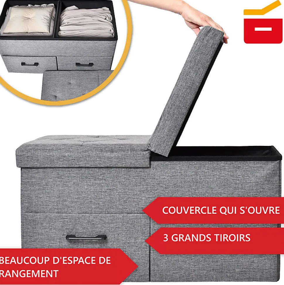 Banc de Rangement avec coffre et tiroirs 2 places 77x40x38cm