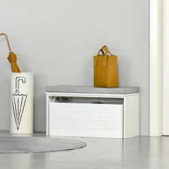 Banc de rangement avec coussin gris - meuble à chaussures - banc à chaussures avec grand tiroir double compartiment - MDF blanc