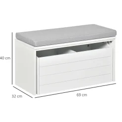 Banc de rangement avec coussin gris - meuble à chaussures - banc à chaussures avec grand tiroir double compartiment - MDF blanc