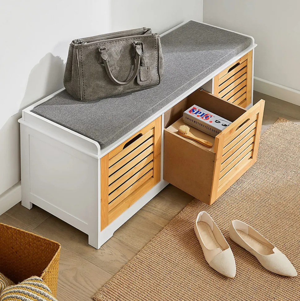 Banc de Rangement en Bois 3 Tiroirs + Coussin Meuble Commode Salon Salle à Manger Chambre Beige et Blanc