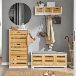 Banc de Rangement en Bois 3 Tiroirs + Coussin Meuble Commode Salon Salle à Manger Chambre Beige et Blanc