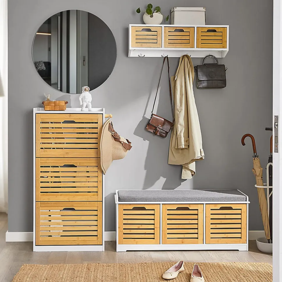 Banc de Rangement en Bois 3 Tiroirs + Coussin Meuble Commode Salon Salle à Manger Chambre Beige et Blanc