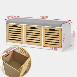 Banc de Rangement en Bois 3 Tiroirs + Coussin Meuble Commode Salon Salle à Manger Chambre Beige et Blanc