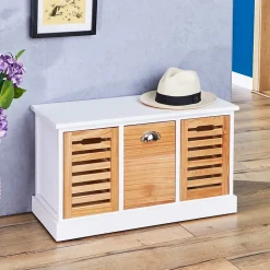 Banc de rangement TRIENT, 3 caisses, blanc et finition bois naturel