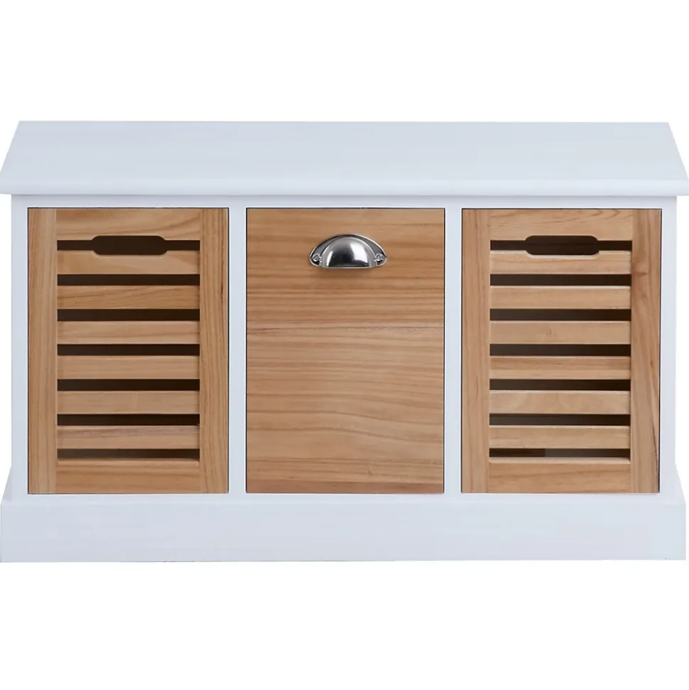 Banc de rangement TRIENT, 3 caisses, blanc et finition bois naturel