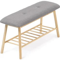 Banc d'entrée chaussures capitonné bambou RITA tissu gris clair