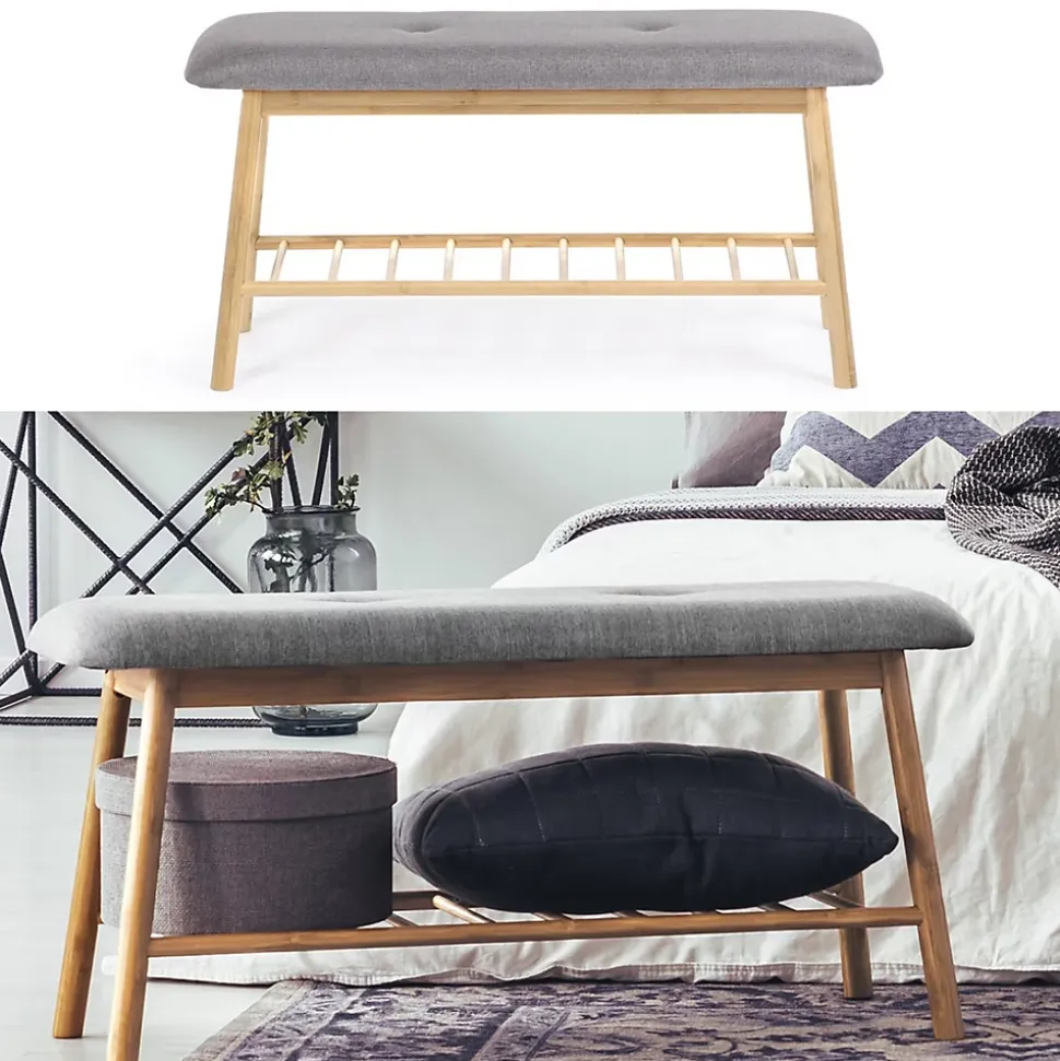 Banc d'entrée chaussures capitonné bambou RITA tissu gris clair