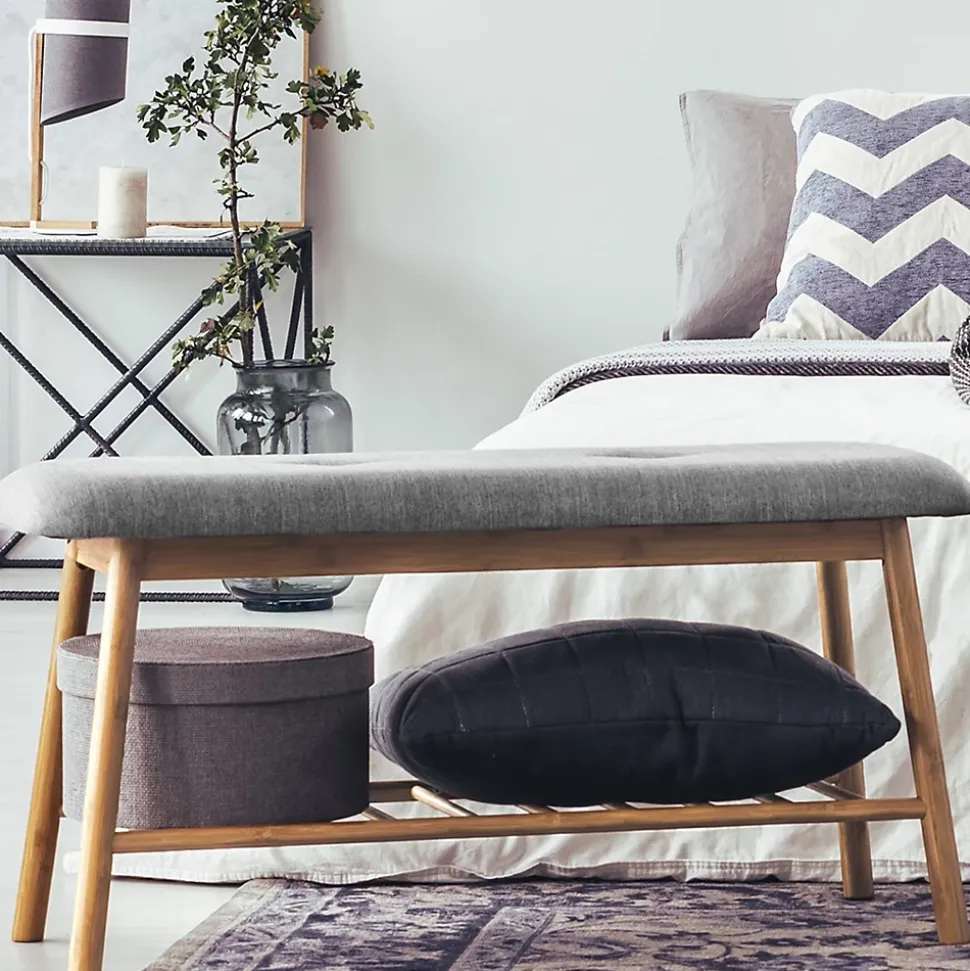 Banc d'entrée chaussures capitonné bambou RITA tissu gris clair