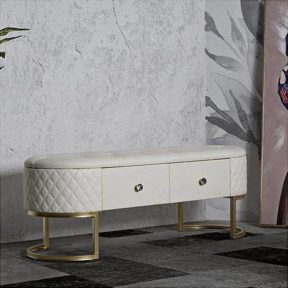 Banc effet matelassé avec 2 tiroirs Sharon 120x40x43 cm
