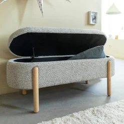 Banc en bois de pin et tissu bouclette gris clair Nério